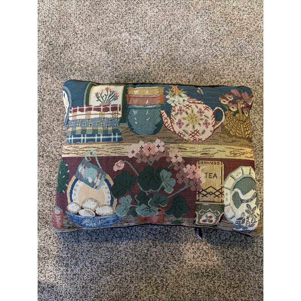 Vtg Tapestry Pillow Cottagecore Teapot, Jam, Baskets, Eggs 16x12"